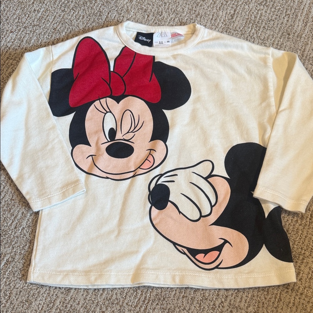 Zara Kids Cream Long Sleeve Tee with Mickey and Minnie